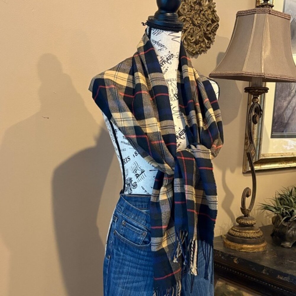 **Cashmere Feel Italy Design Scarf fringe navy multi color plaid